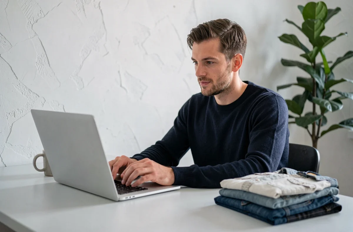 Homme qui achète des vêtements de seconde main en ligne sur une plateforme de friperie comme Once Again, assis à son bureau avec un ordinateur portable