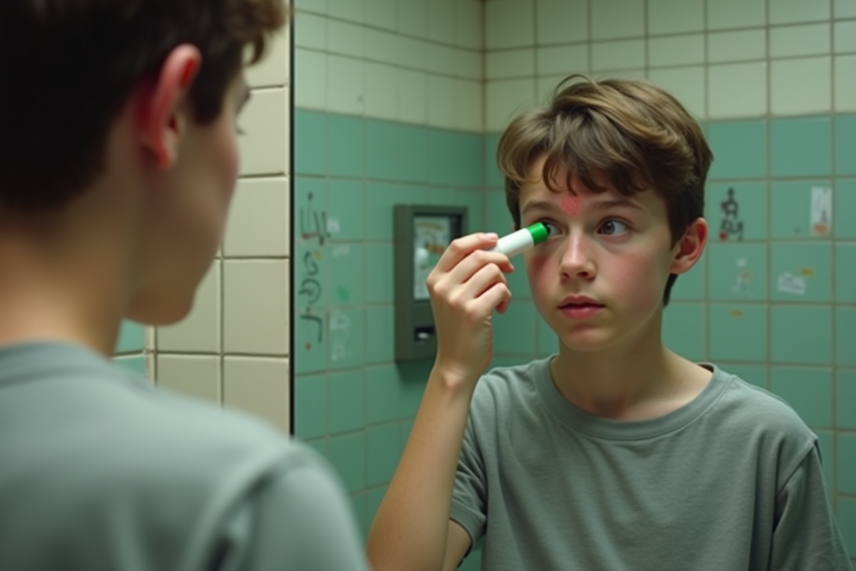 Adolescent appliquant un correcteur sur un bouton