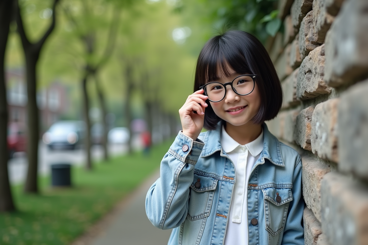 Adolescente ajustant ses lunettes dans un parc urbain