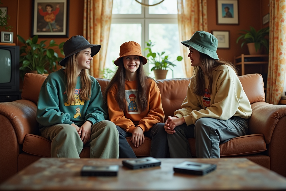 Groupe d adolescents en mode 90s dans un salon rétro