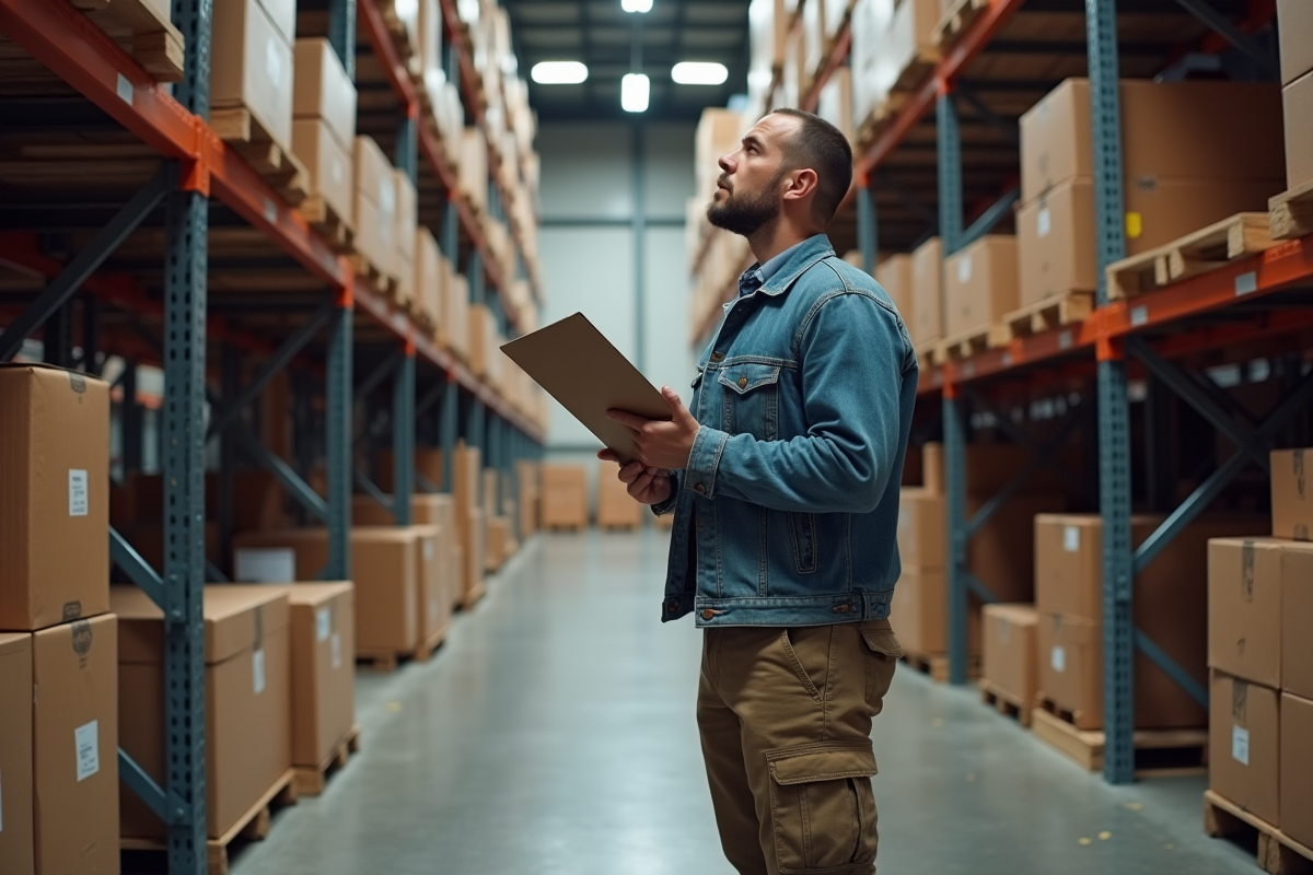 Homme en veste en denim dans un entrepôt en activité