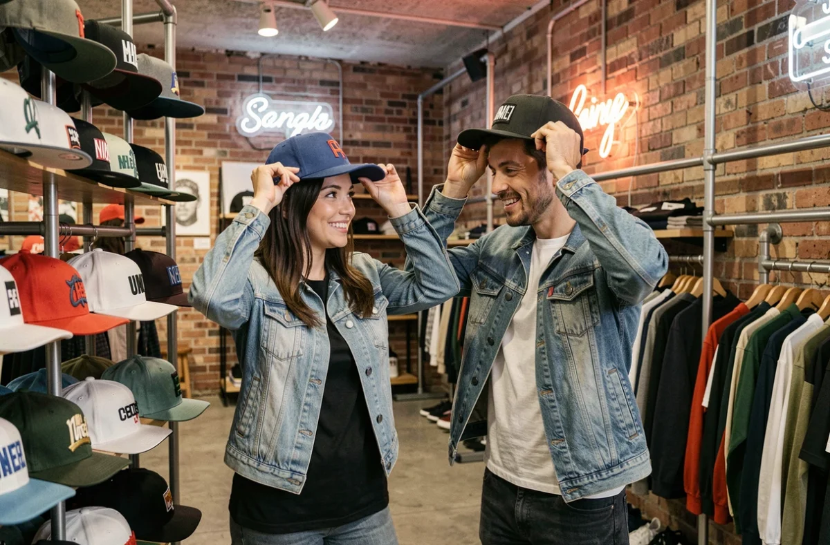 Deux amis comparant des casquettes dans une boutique streetwear pour choisir la bonne taille et le bon modèle