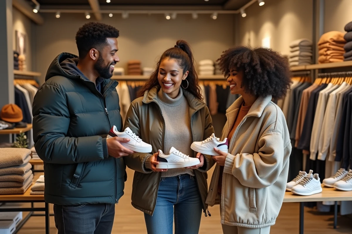 Groupe d'amis comparant des chaussures et tenues tendance à l'intérieur d'une boutique EDS Store