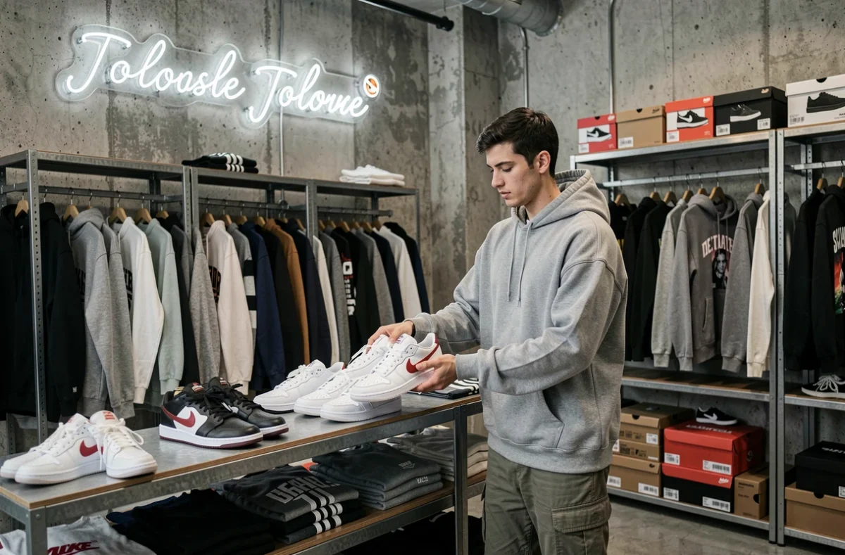 Intérieur de la boutique Antistatik à Toulouse avec ses murs en béton brut, ses étagères industrielles et ses collections de streetwear premium soigneusement exposées