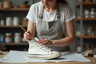 Femme appliquant de la peinture pour sneakers sur une chaussure en cuir blanc avec un pinceau fin dans un atelier de customisation