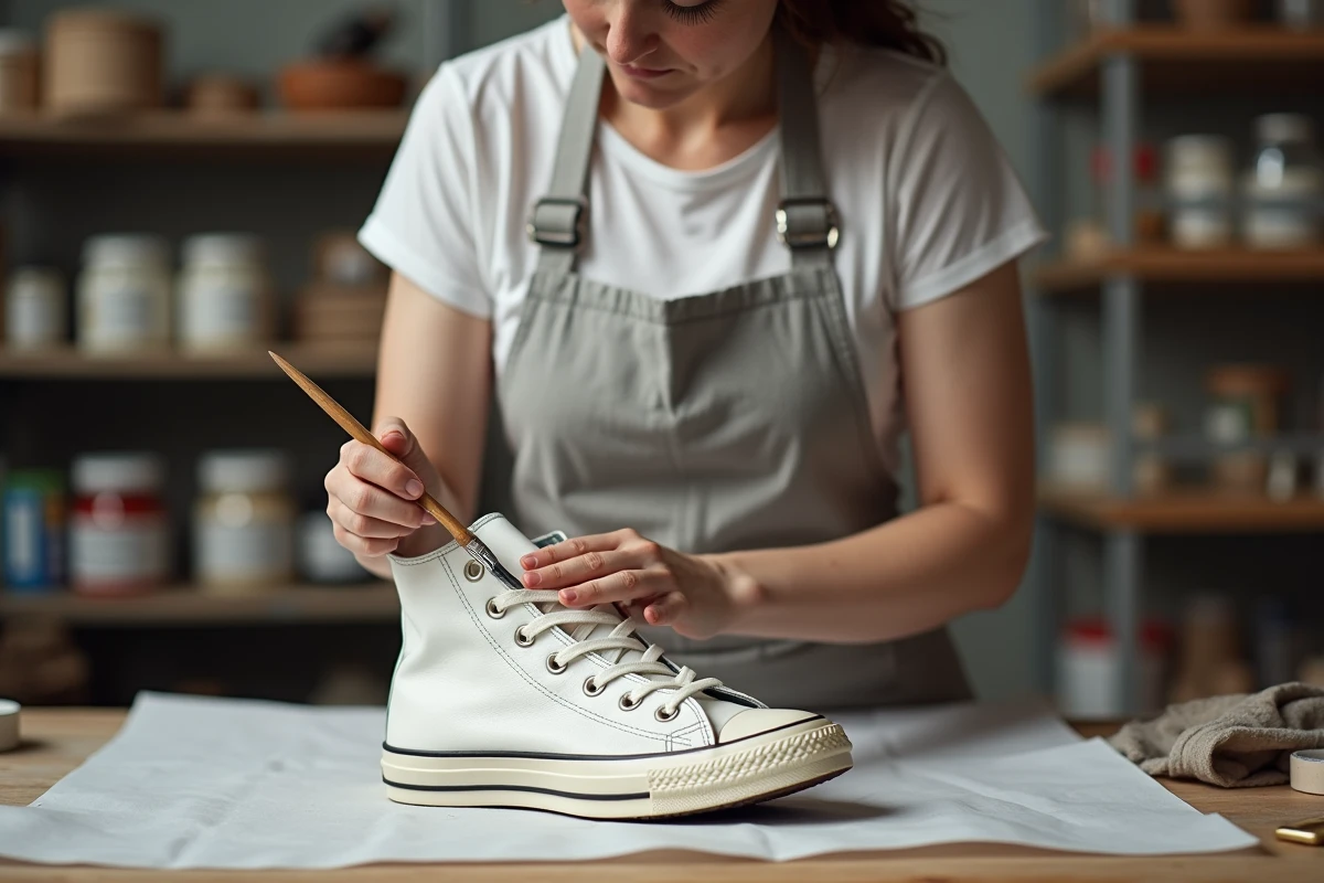 Femme appliquant de la peinture pour sneakers sur une chaussure en cuir blanc avec un pinceau fin dans un atelier de customisation