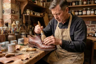 Artisan cordonnier appliquant du cuir gras sur une botte en cuir brun dans un atelier traditionnel