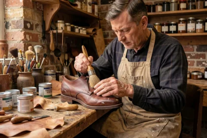 Artisan cordonnier appliquant du cuir gras sur une botte en cuir brun dans un atelier traditionnel