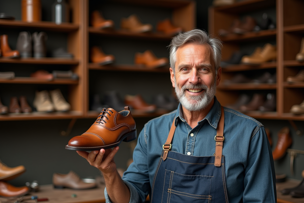 Artisan montrant une chaussure faite main dans son atelier