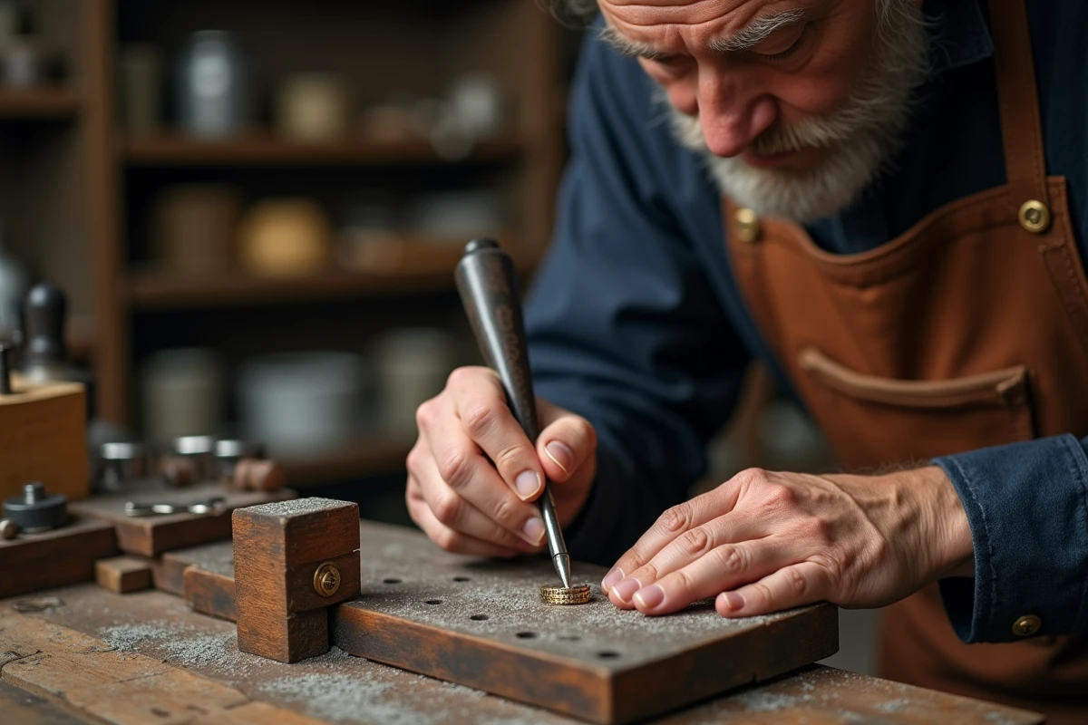 Artisan bijoutier gravant une chevalière personnalisée pour homme destinée aux fiançailles dans son atelier
