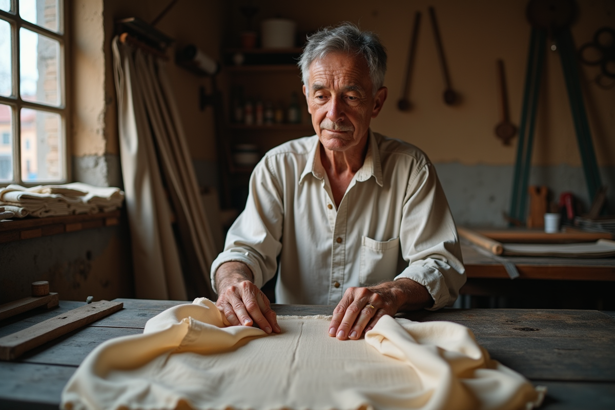 Artisan inspectant un tissu de soie dans son atelier