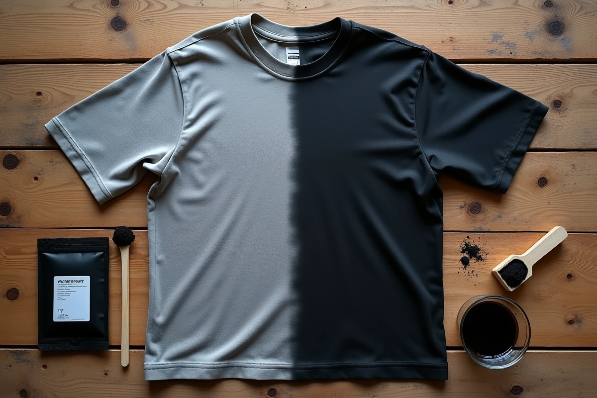 Comparaison avant-après d'un t-shirt décoloré reteinté en noir avec de la teinture textile