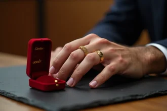 Main d'homme portant une bague Cartier Love en or avec écrin rouge sur surface en ardoise