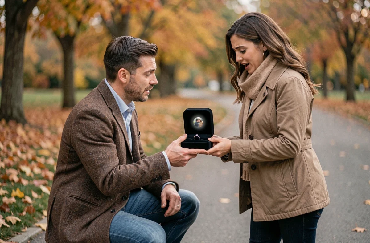Homme offrant une bague à projection photo lors d'une demande en mariage dans un parc en automne, couple ému entouré de feuilles dorées