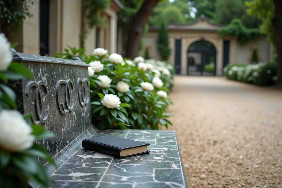 Banc en marbre vide près de la tombe de Coco Chanel