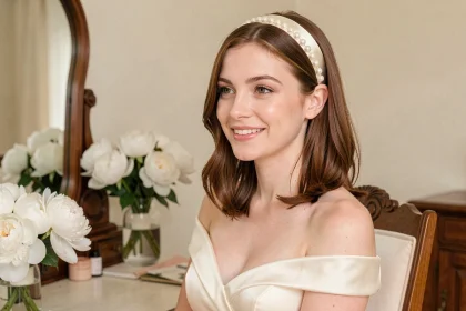 Jeune femme aux cheveux mi-longs avec un bandeau cheveux satiné orné de perles pour un mariage, assise devant un miroir de coiffeuse dans une suite nuptiale élégante