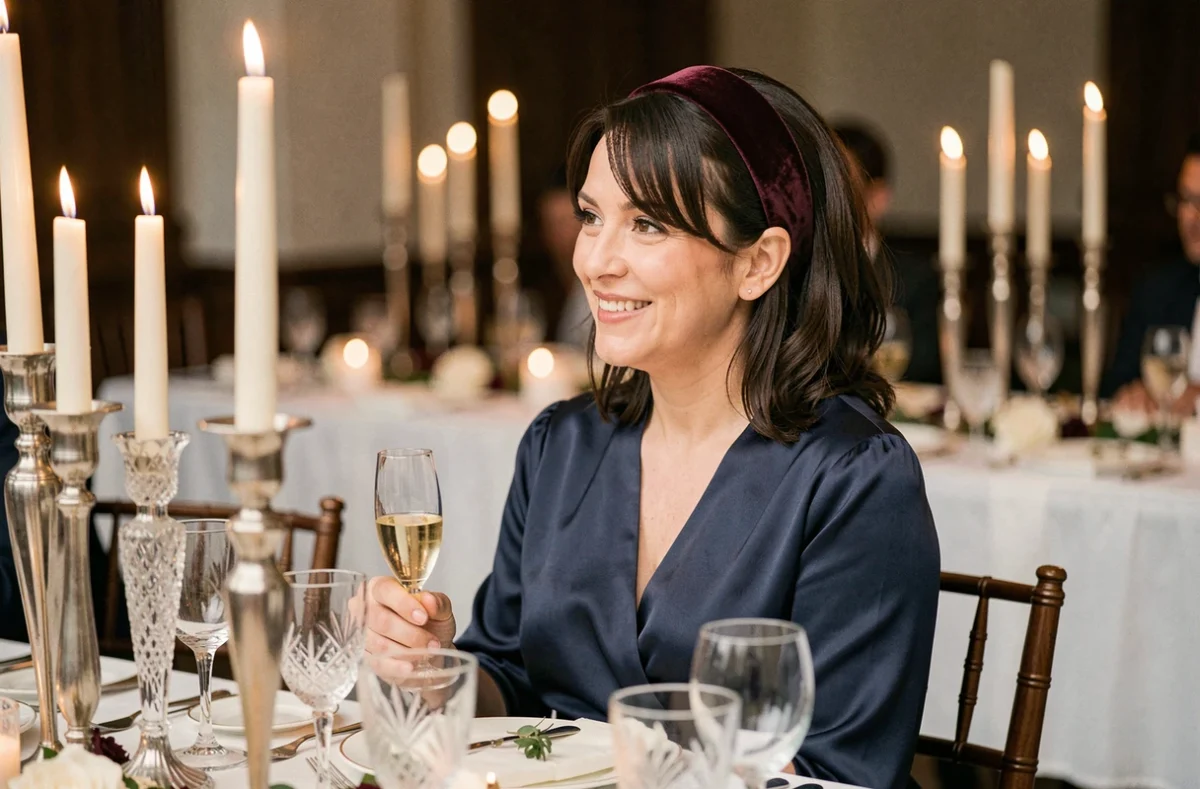Femme brune aux cheveux mi-longs avec un bandeau en velours bordeaux lors d'une réception de mariage élégante en intérieur