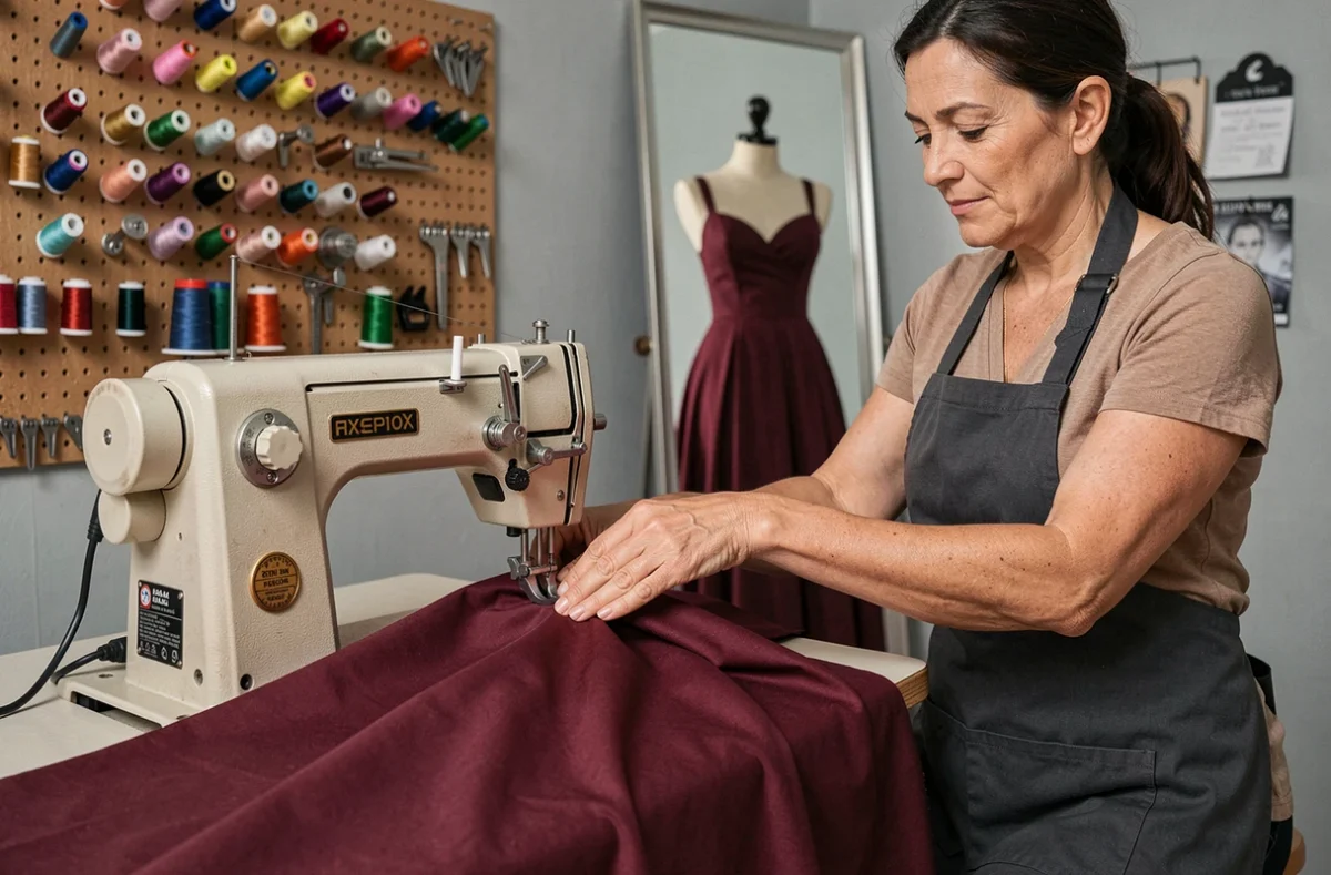 Retoucheuse de Be-Retouches guidant un tissu bordeaux sous le pied de biche d'une machine à coudre industrielle dans son atelier à Aix-en-Provence