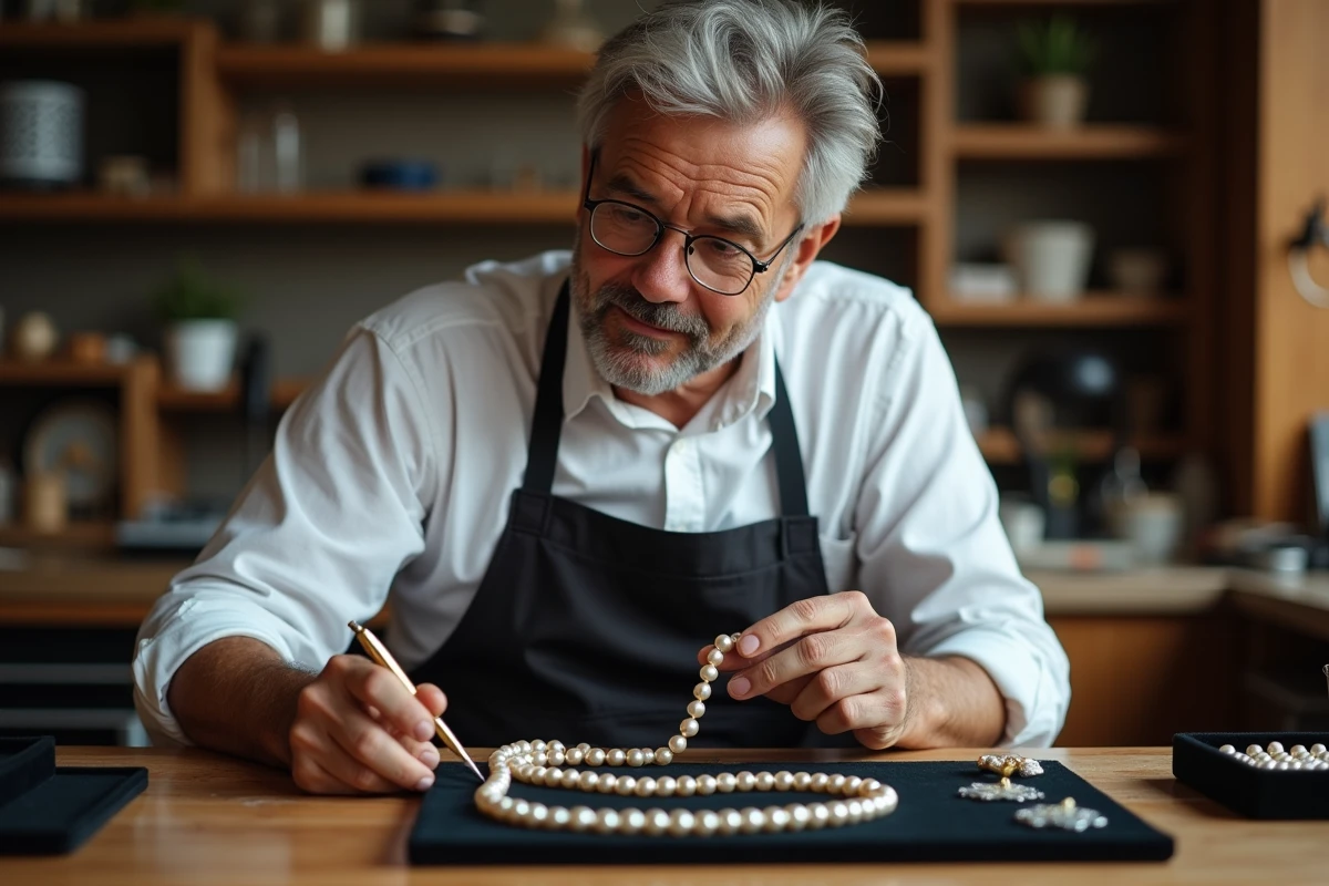 Bijoutier professionnel inspectant un collier de perles de culture avec une loupe, illustrant l'expertise et l'évaluation de la qualité