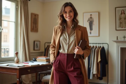 Blogueuse mode Charlotte Martinet dans son appartement parisien tenant un carnet de mode, portant un manteau camel et un pantalon bordeaux élégant