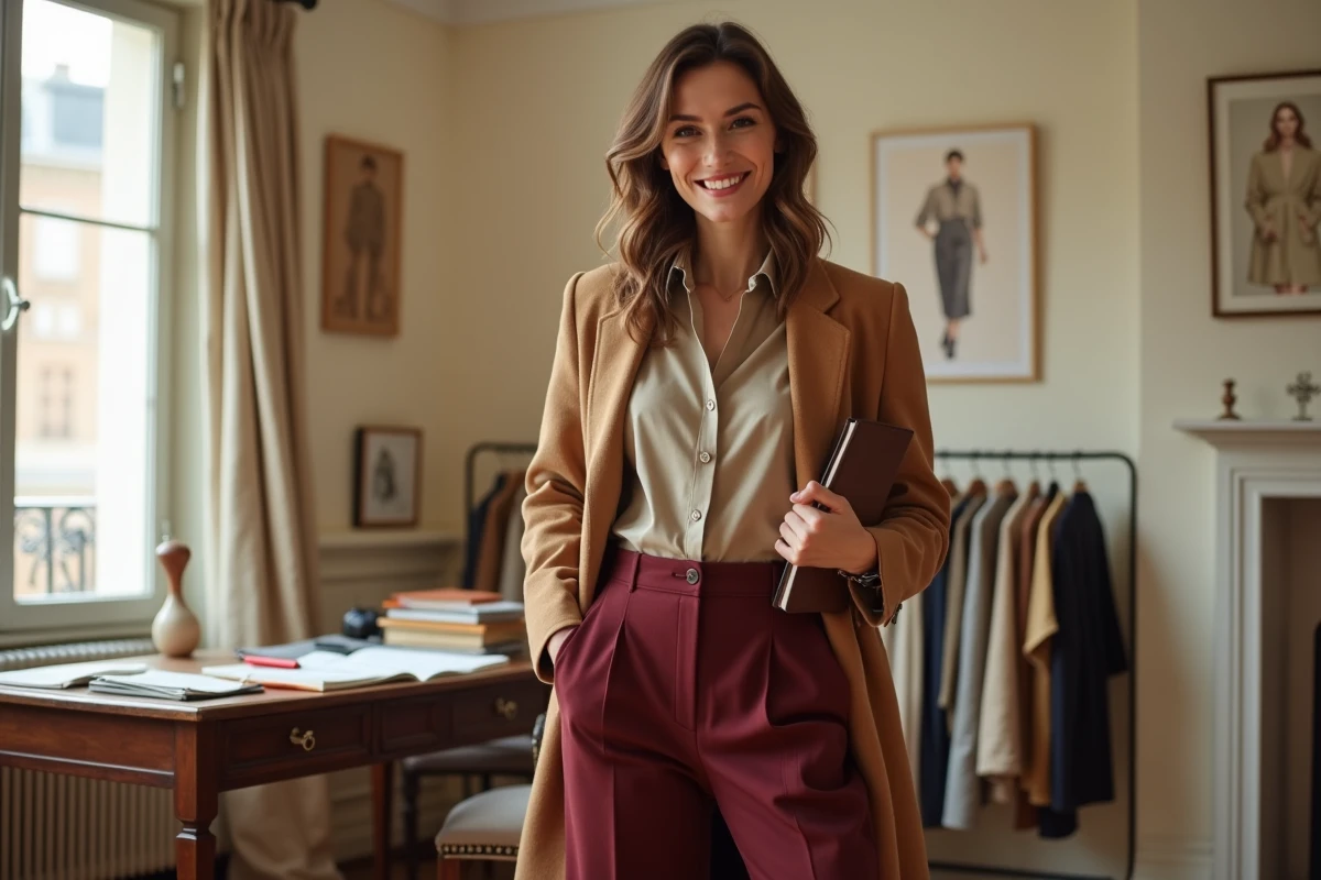 Blogueuse mode Charlotte Martinet dans son appartement parisien tenant un carnet de mode, portant un manteau camel et un pantalon bordeaux élégant