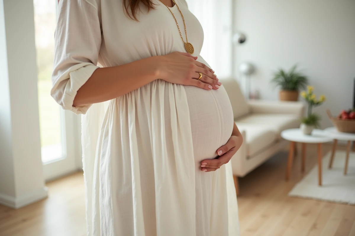 Femme enceinte portant un bola de grossesse doré sur une robe en lin ivoire dans un intérieur scandinave épuré