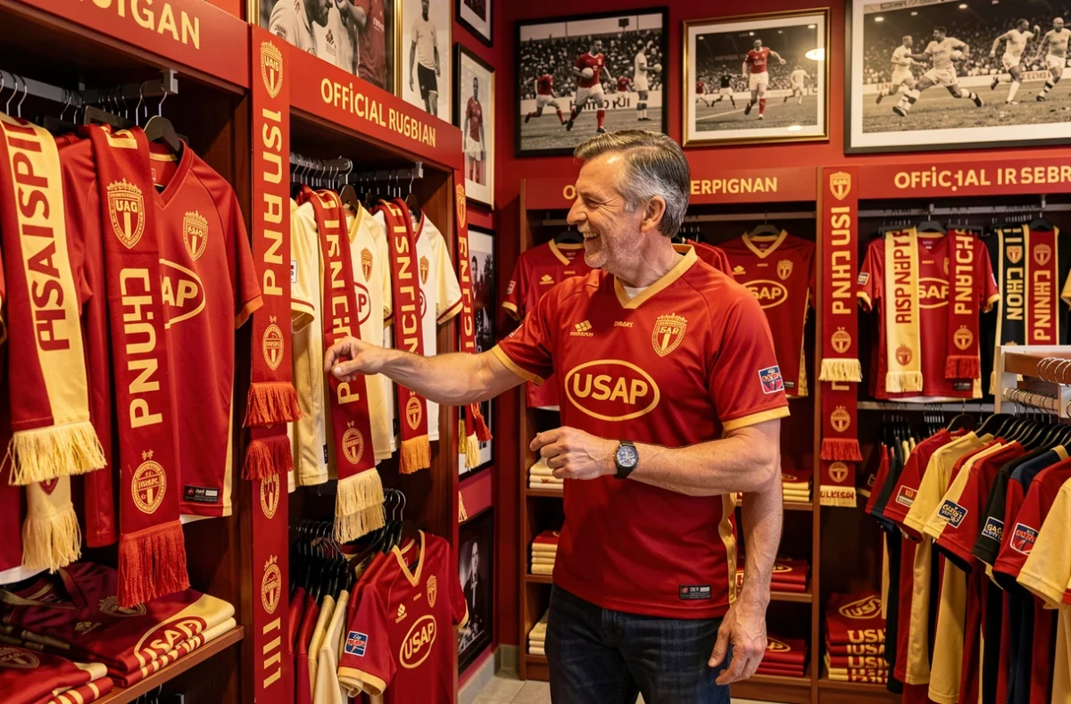 Boutique officielle de l'USAP à Perpignan avec ses maillots rouge et or, ses écharpes de supporter et un fan passionné parcourant les produits dérivés du club de rugby