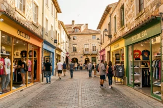 Rue commerçante animée en Occitanie avec des boutiques de streetwear aux vitrines colorées et des passants qui découvrent des collections urbaines