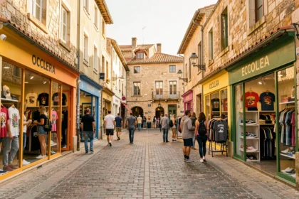 Rue commerçante animée en Occitanie avec des boutiques de streetwear aux vitrines colorées et des passants qui découvrent des collections urbaines