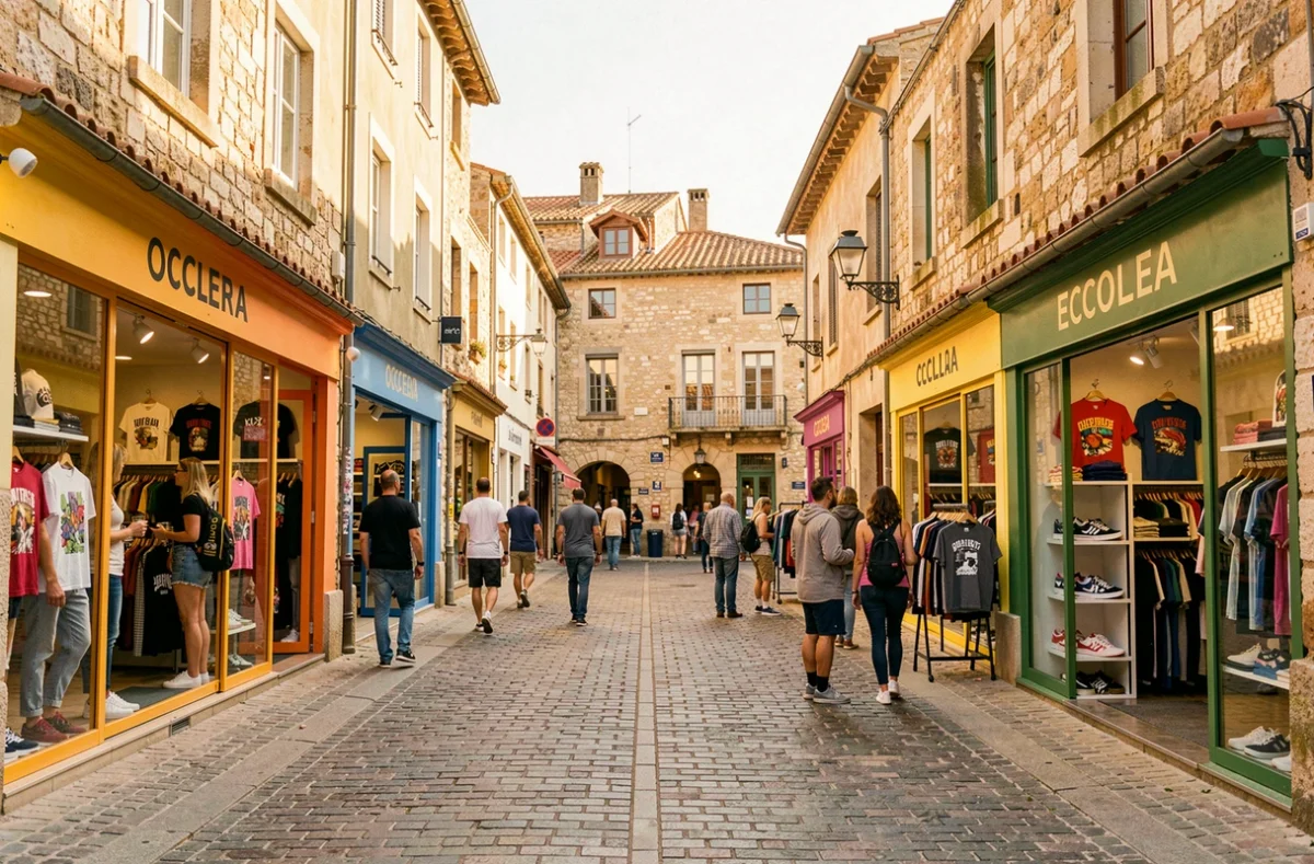 Rue commerçante animée en Occitanie avec des boutiques de streetwear aux vitrines colorées et des passants qui découvrent des collections urbaines