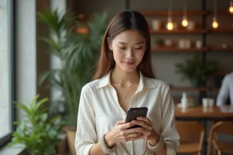 Femme tenant un smartphone avec une chaîne de téléphone en coton tressé, alternative vegan au cuir, dans un café urbain
