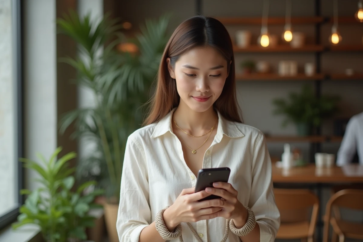 Femme tenant un smartphone avec une chaîne de téléphone en coton tressé, alternative vegan au cuir, dans un café urbain