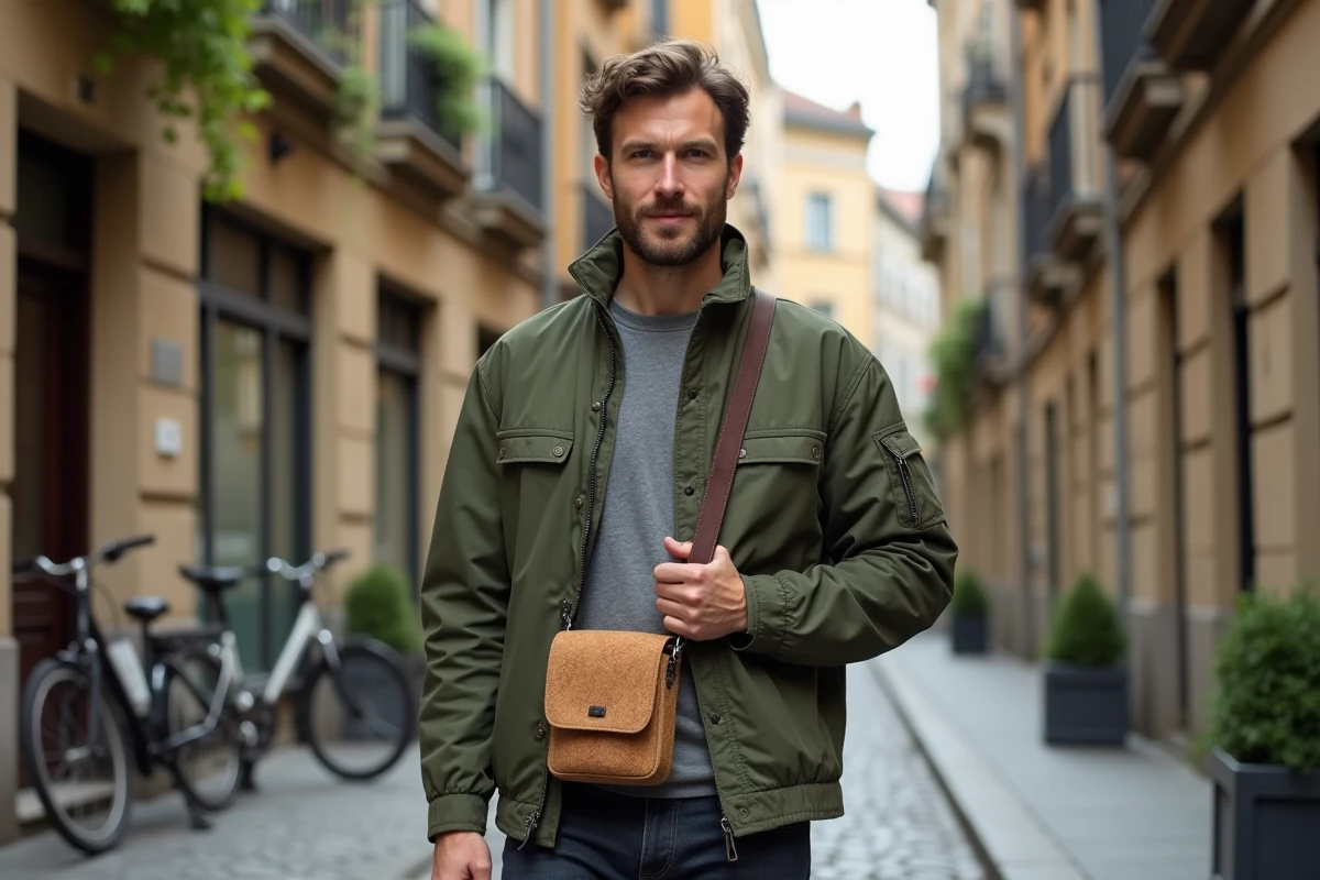 Homme portant une chaîne de téléphone en liège sur l'épaule dans une rue pavée, accessoire vegan et éco-responsable