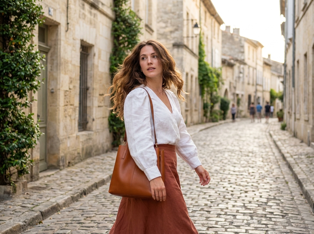 Femme en chemisier en lin blanc à manches bouffantes et jupe midi terracotta dans une rue pavée ensoleillée, mode printemps 2026