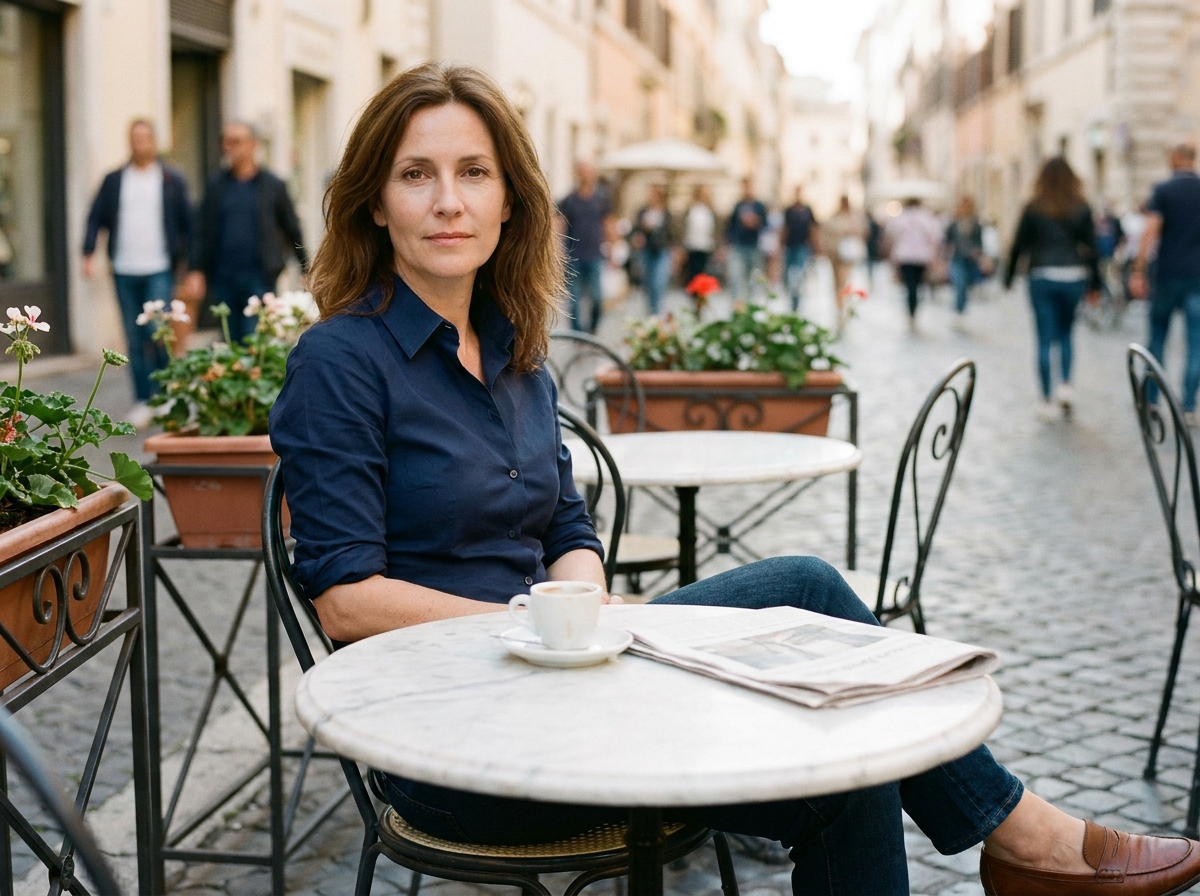 Femme en chemisier bleu marine en popeline au café parisien, tenue chic et décontractée tendance 2026