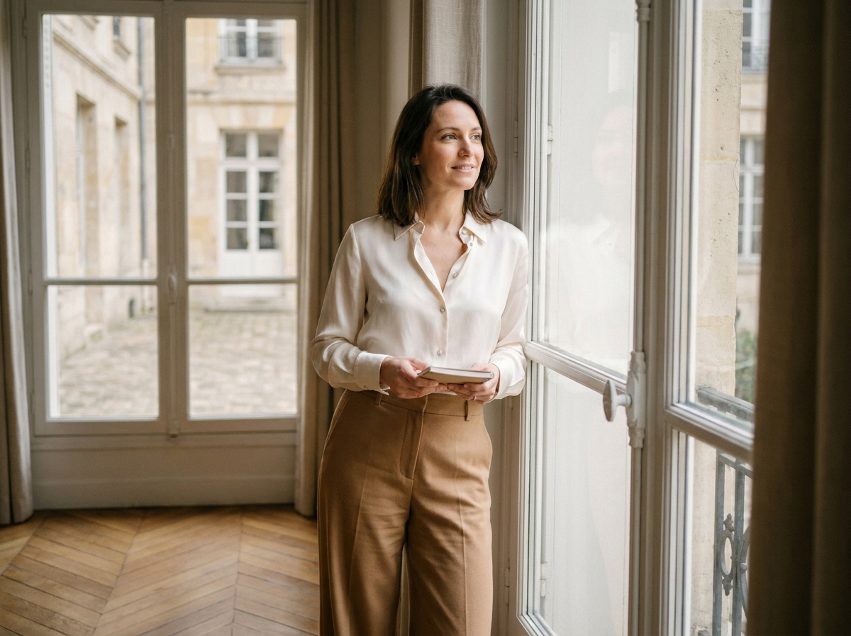 Femme en chemisier en soie ivoire oversize et pantalon camel dans un appartement parisien, style éditorial mode 2026