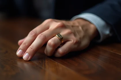 Chevalière personnalisée en or mat avec initiales gravées portée en bague de fiançailles par un homme