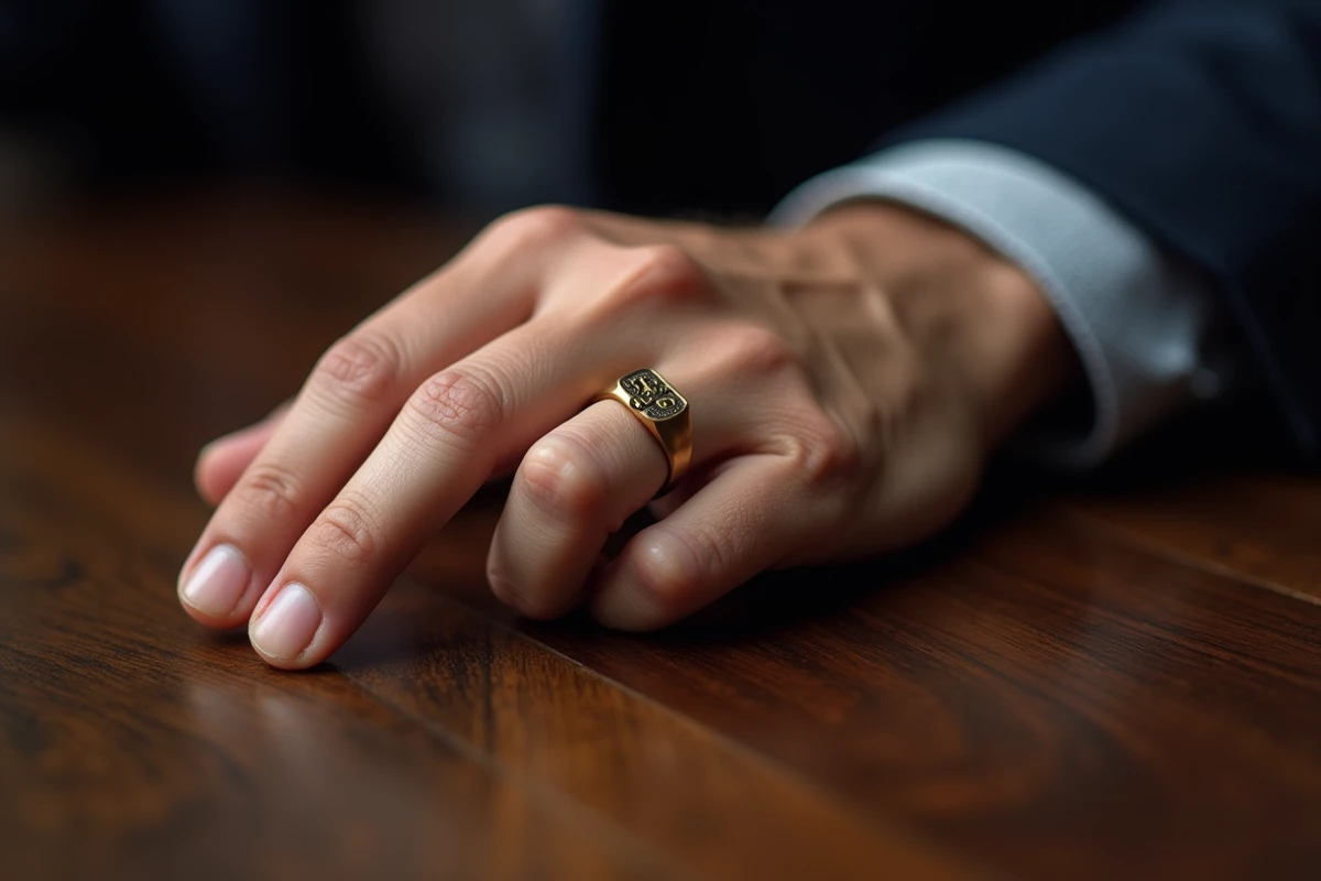 Chevalière personnalisée en or mat avec initiales gravées portée en bague de fiançailles par un homme