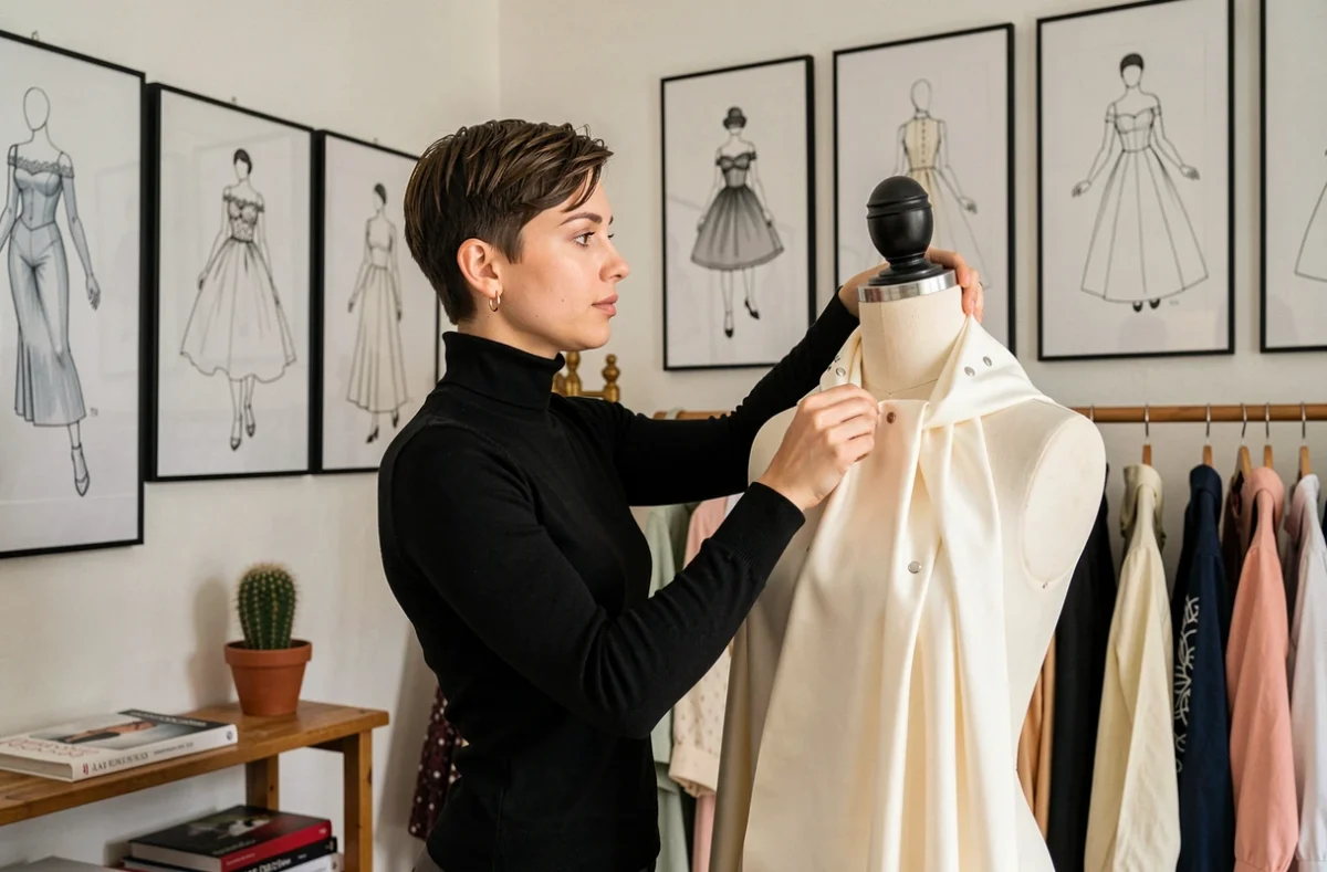 Couturière de Chewö Couture drapant et épinglant un tissu en soie ivoire sur un mannequin dans un studio de couture éclectique à Aix-en-Provence