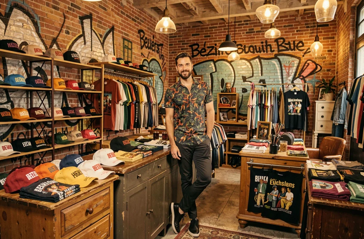 Intérieur de la boutique Choknozof à Béziers avec ses murales street art, ses briques apparentes et son propriétaire souriant entouré de casquettes et vêtements urbains en édition limitée