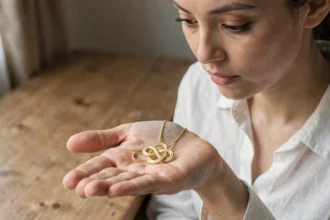 Collier en or emmêlé dans la paume d'une femme pensive, évoquant la signification spirituelle d'un bijou qui se noue