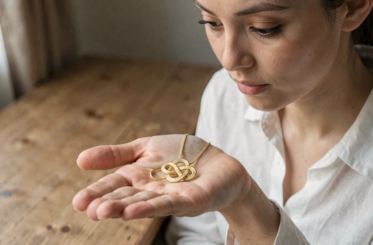 Collier en or emmêlé dans la paume d'une femme pensive, évoquant la signification spirituelle d'un bijou qui se noue