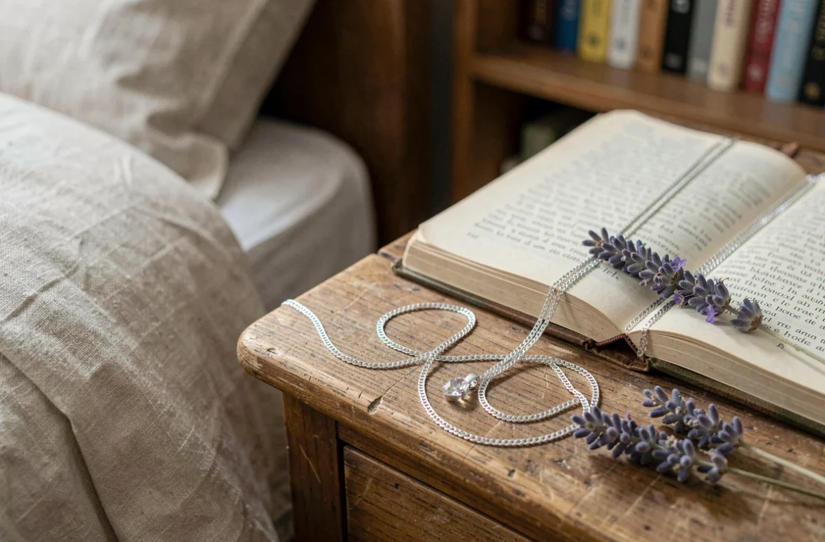 Collier en argent emmêlé sur une table de nuit en bois avec un journal et de la lavande, symbolisant la spiritualité et les messages des anges