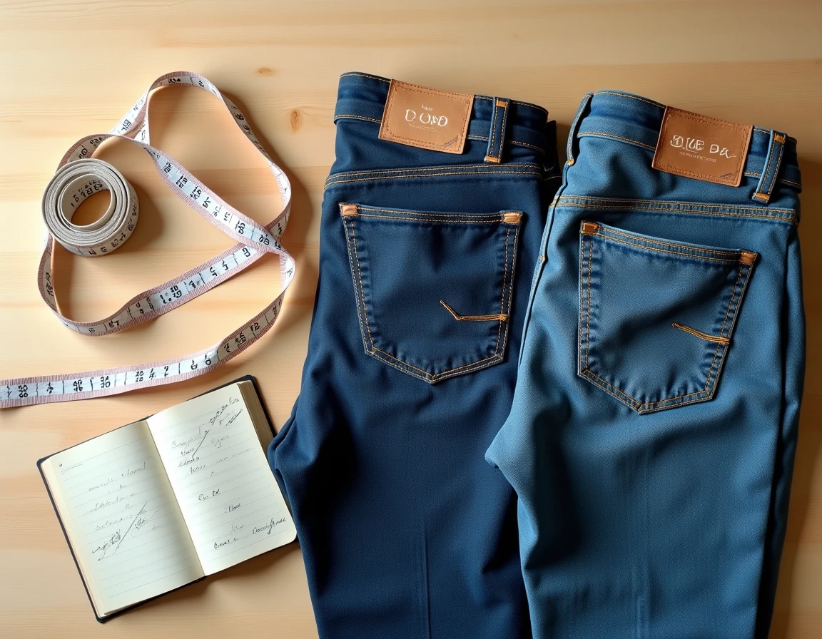 Comparaison de deux pantalons avec étiquettes de taille américaine 30 et équivalent européen sur une table en bois