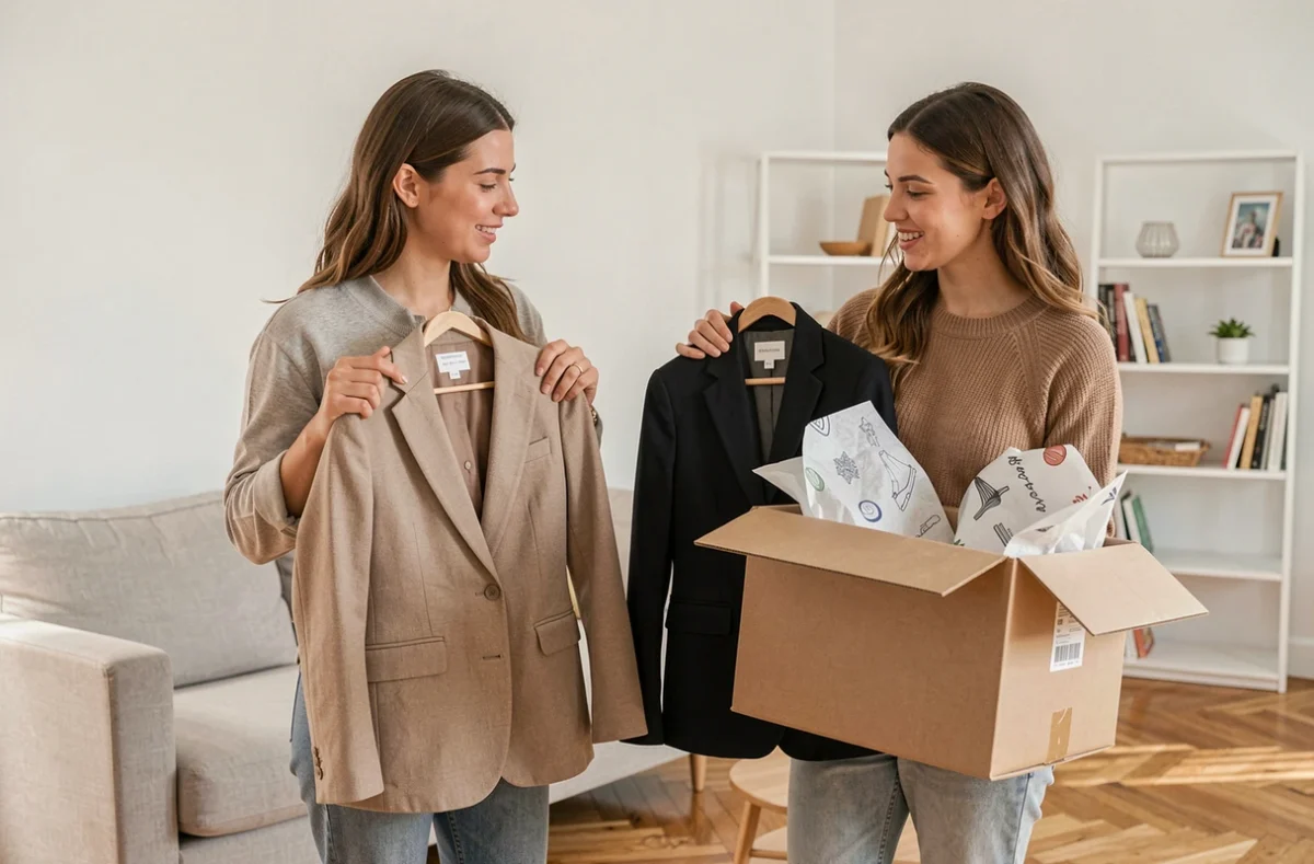 Deux femmes comparant des vêtements achetés en friperie physique et sur une plateforme de mode de seconde main comme Once Again, dans un appartement moderne