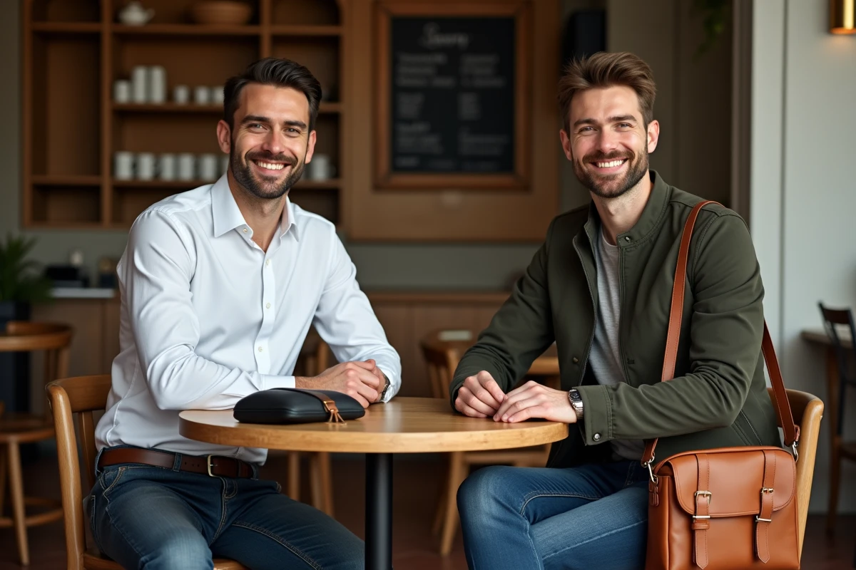 Deux hommes attablés dans un café comparant une pochette cuir noire et une sacoche messenger en tan