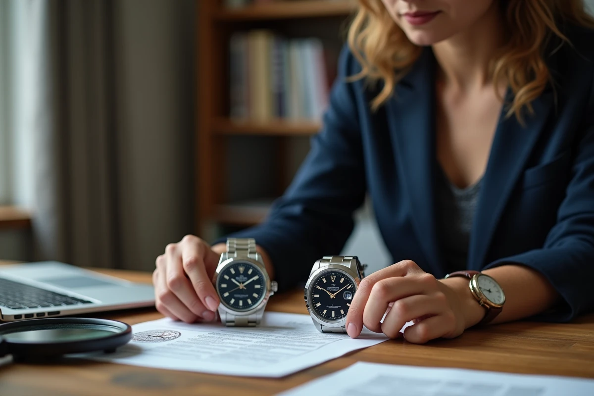 Femme comparant deux montres Rolex sur un bureau pour détecter une contrefaçon