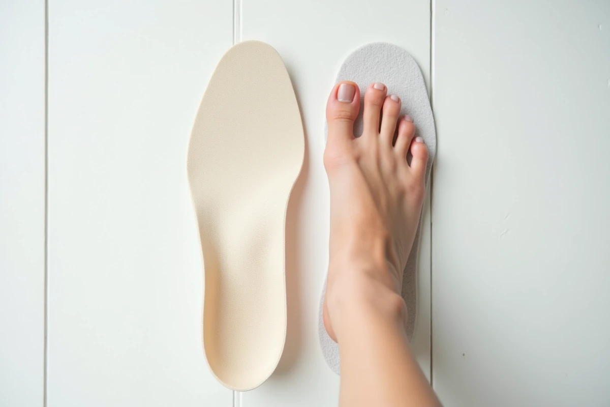 Comparaison de deux semelles pour chaussures trop grandes, semelle plate versus semelle avec soutien de voûte plantaire