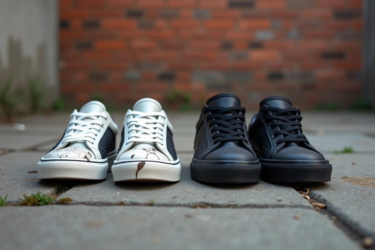 Comparaison entre deux paires de sneakers dont une repeintre avec une peinture résistante et une aux couleurs fanées, posées sur du béton urbain