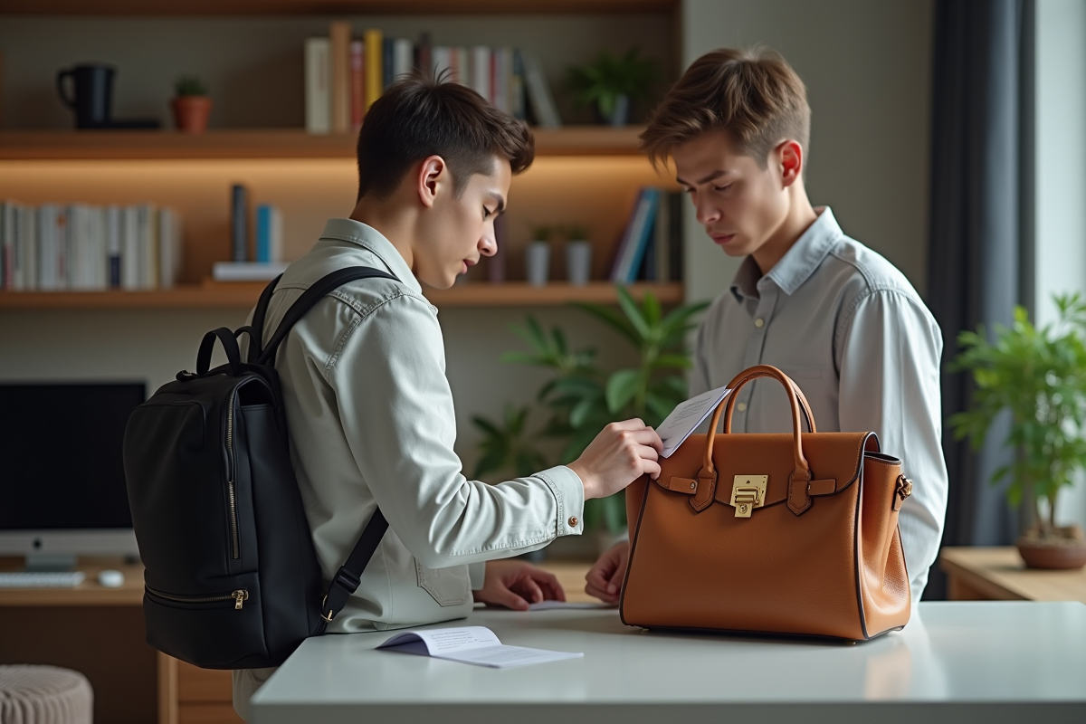 Jeune homme vérifiant un sac de luxe avec certificat dans un bureau